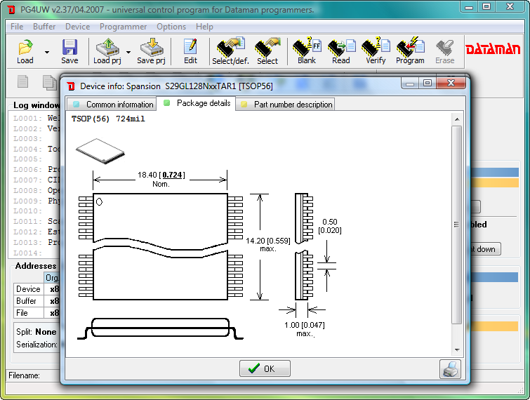 Dataman 48Pro4C software (PG4UW). Device information window.