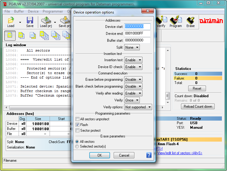 Dataman 48Pro4C software (PG4UW). Device operation options window.