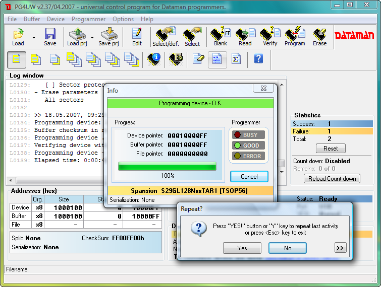 Dataman 48Pro4C software (PG4UW). Device programming and verification window.