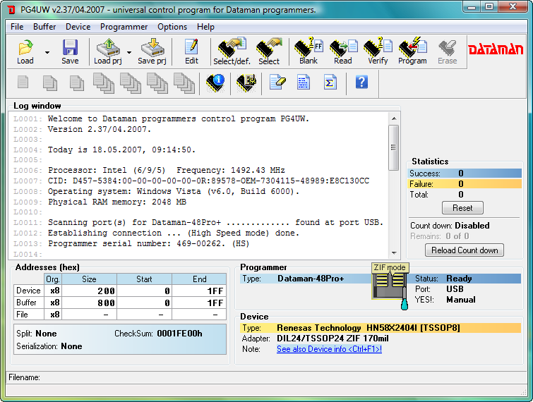 Dataman 48Pro4C software (PG4UW). Main window.