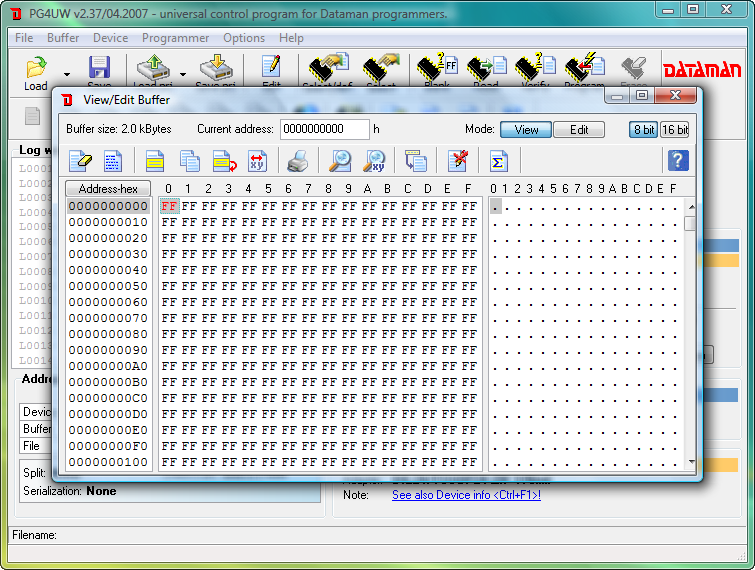Dataman 48Pro4C software (PG4UW). View and edit buffer memory window.