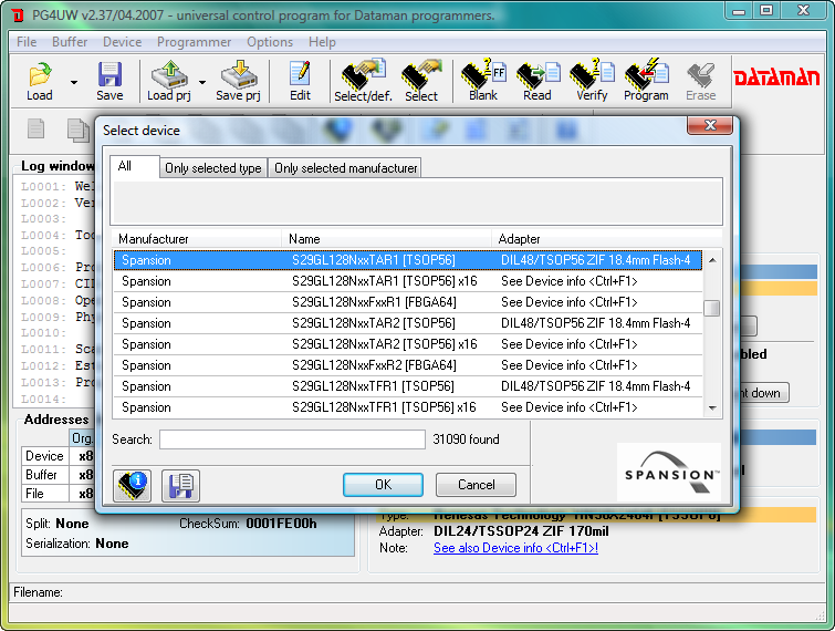 Dataman 48Pro4 software (PG4UW). Device selection window.