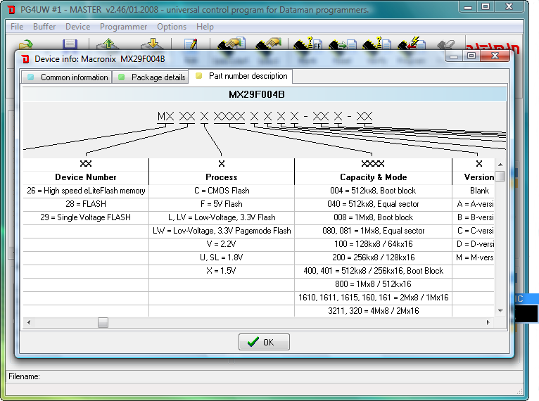Dataman 48Pro4C Gang software (PG4UW). Development environment device information window.