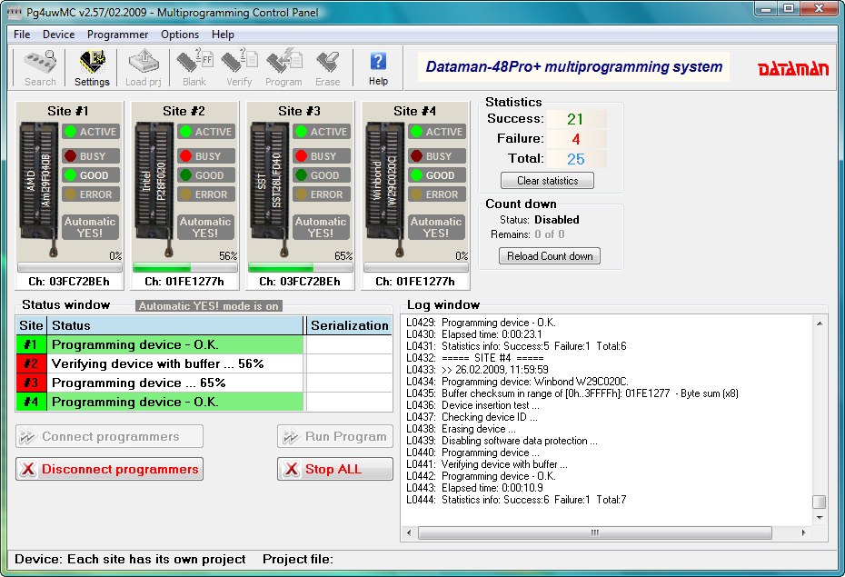 Dataman 48Pro4C Gang software (PG4UWMC). Device programming and verification window.