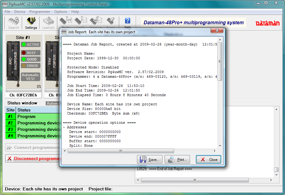 Dataman 48Pro4C Gang software (PG4UWMC). Job report window.