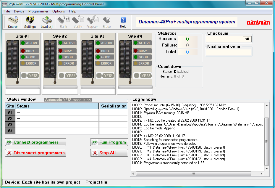 Dataman 48Pro4C Gang software (PG4UWMC). Production environment main window.