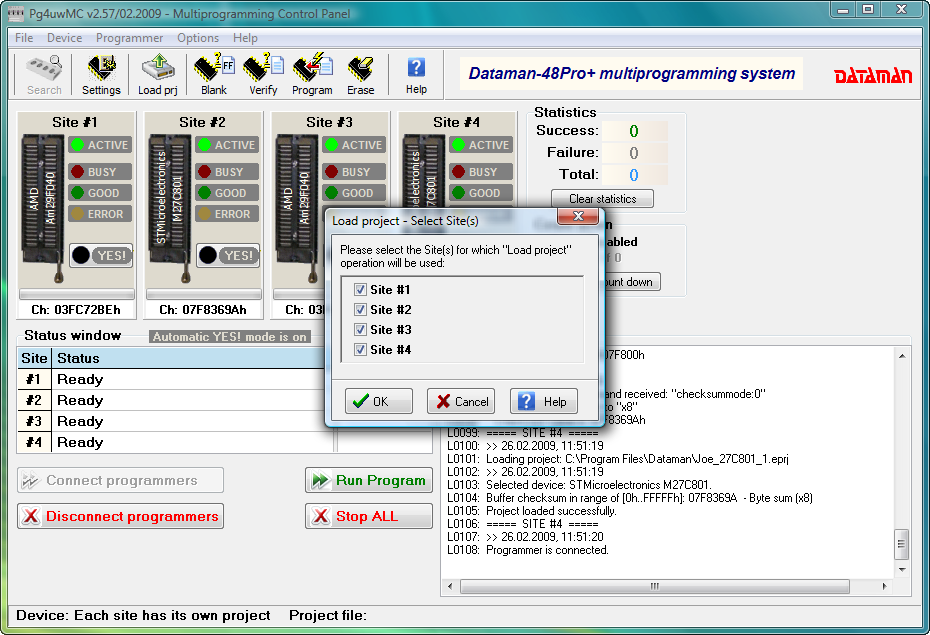 Dataman 48Pro4C Gang software (PG4UWMC). Load project for sites window.