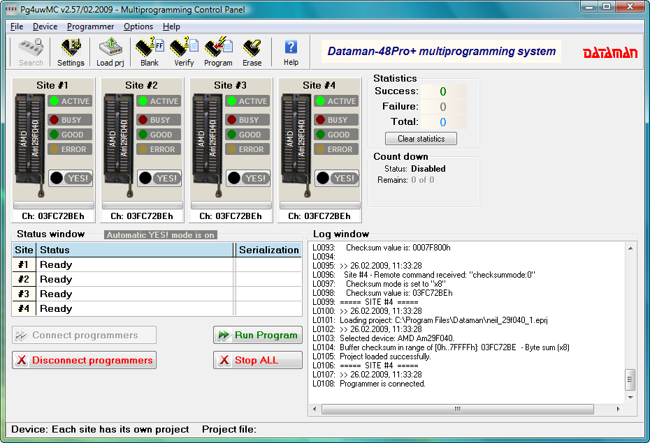 Dataman 48Pro4 Gang software (PG4UWMC). Sites connected and ready window.